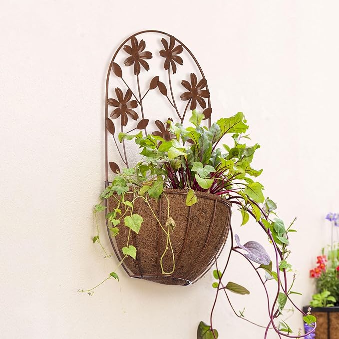 BAYN 2PKs Wall Hanging Planter Decor Art with Flower, Metal Wall Mounted Planters Indoor Outdoor Wall Planter for Succulent Herb Home Garden Yard