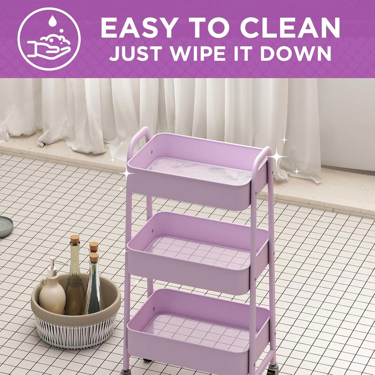 AGTEK Makeup Cart, Movable Rolling Organizer Cart, 3 Tier Metal Utility Cart with Lockable Wheels for Home & Office, Purple