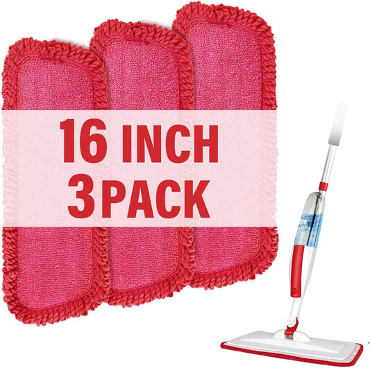 16.5 inch Mop Refills, 3 Pack Microfiber Reusable Replacement Mop Pads Flat Replacements Heads for Wet Or Dry Floor Cleaning and Scrubbing, Red Curly Cloth