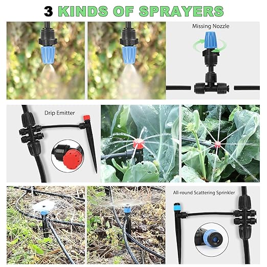 177FT Drip Irrigation Kit – 2025 New Quick-Connect Micro Irrigation System with 46FT 1/2'' Tubing, Locking Nozzle Emitters, Adjustable Misting Sprayers for Gardens, Lawns, Raised Beds and Greenhouses
