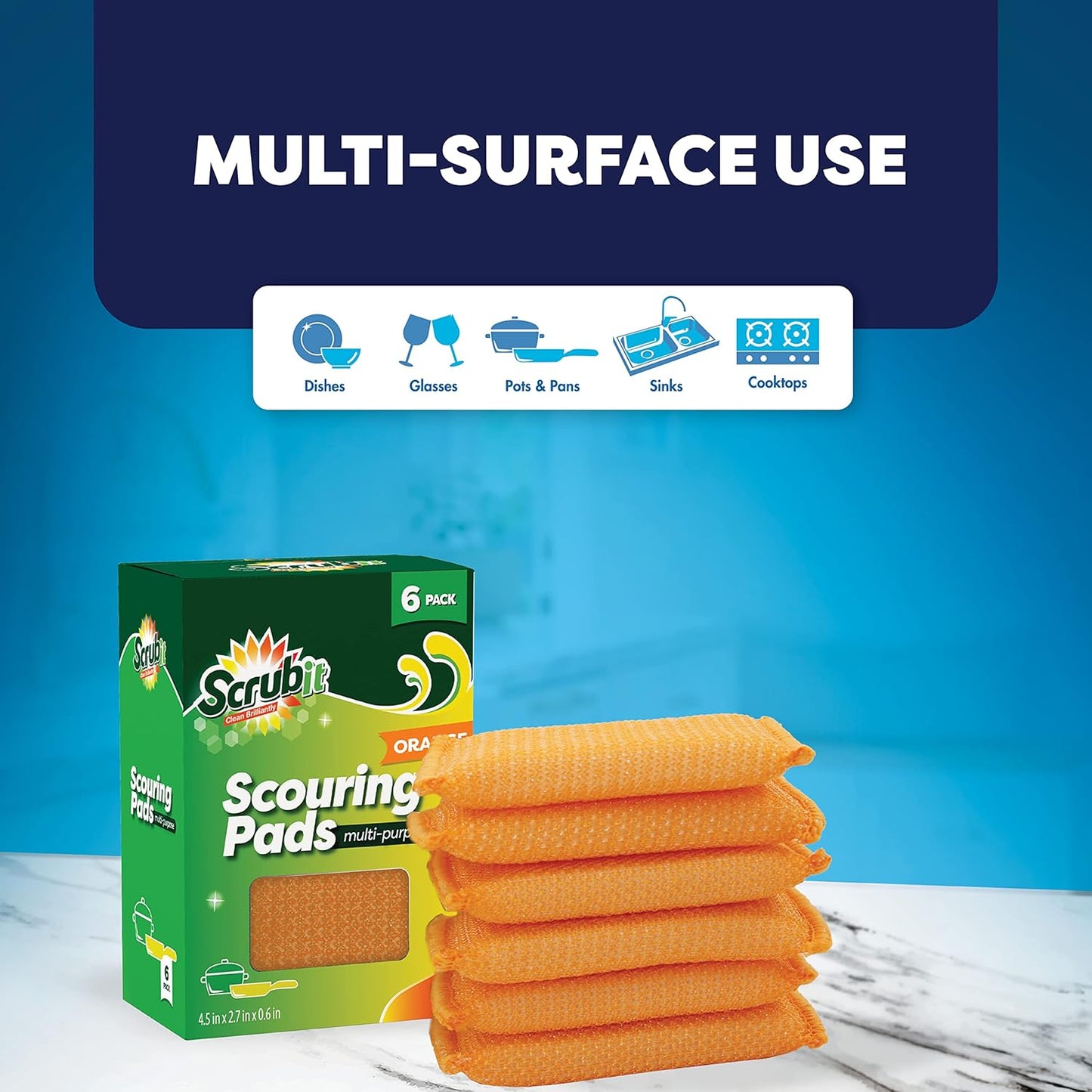 SCRUBIT Multi-Purpose Scouring Pad - Non-Scratch Cleaning Sponges for Pots, Pans, Dishes, Utensils & Non-Stick Cookware - Scrubbing Pads Use for Kitchen, Bathroom - 6 Pack Dish Sponge- (Orange)