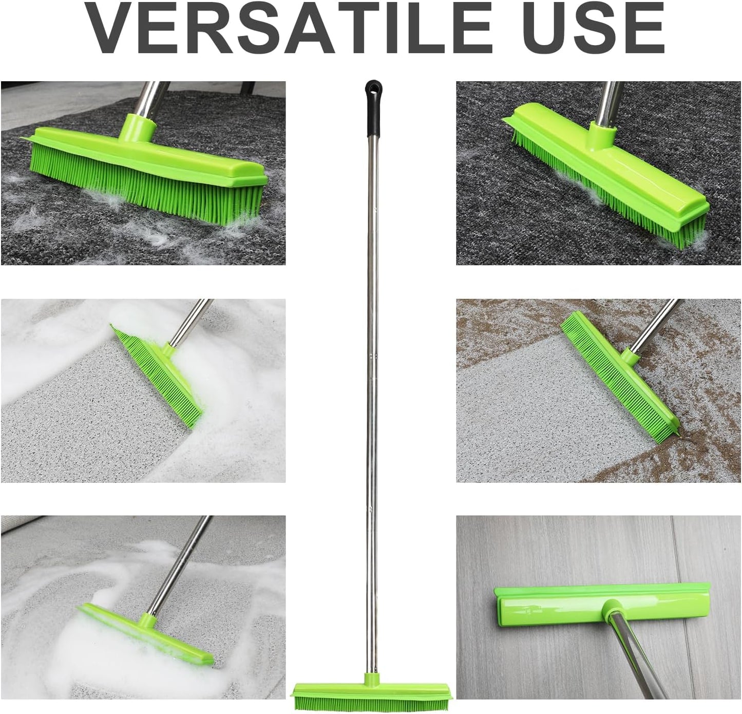 Rubber Broom and Dustpan Set,Pet Hair Removal Rubber Broom with Squeegee and Stainless Steel Dust Pan,Carpet Rake Push Broom and Dustpan for Fluff Hardwood Floor Tile (Green)