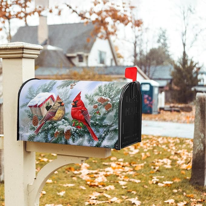 Winter Cardinal Magnetic Mailbox Covers Large Size 25.5''x21'' Xams Sweet Birds Decorative Post Letter Box Cover Christma Birdhouse Snowy Pine Letterbox Cover for Home Outdoor Garden