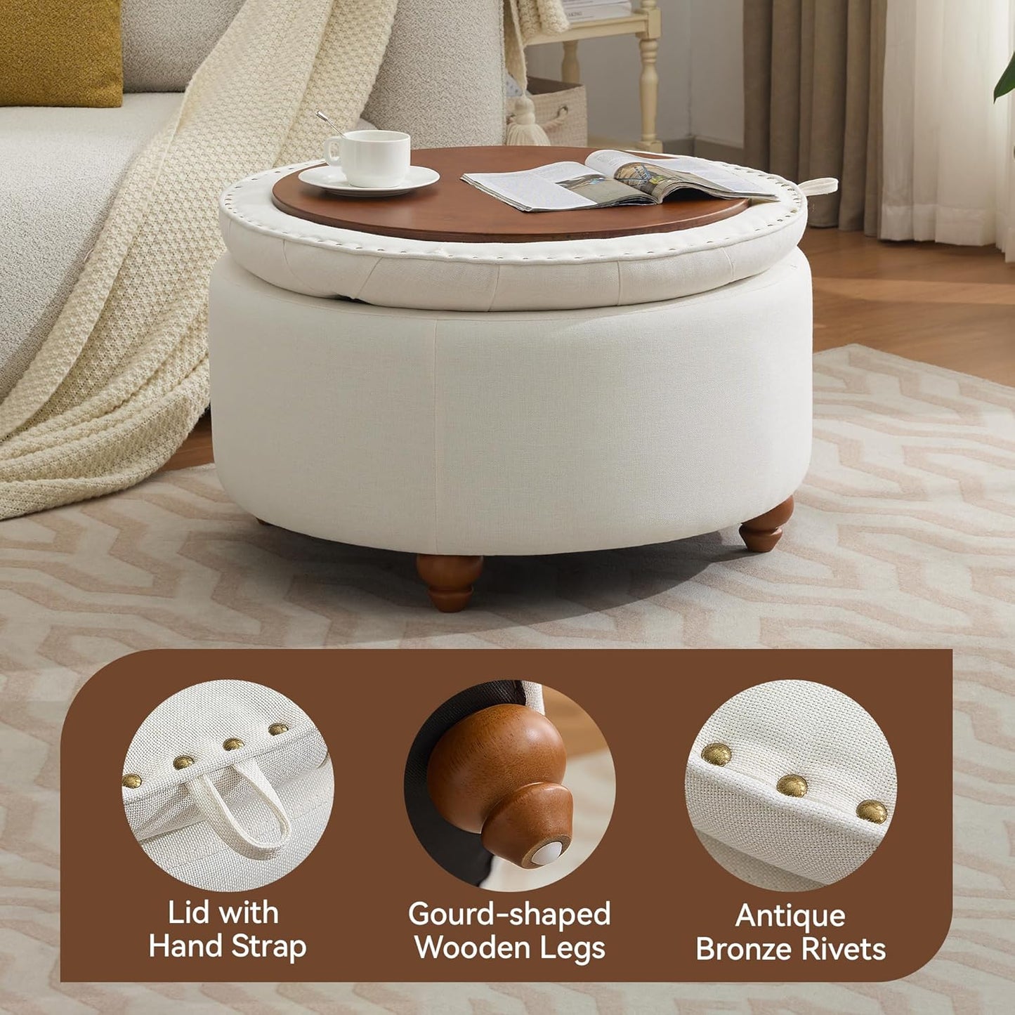 30Inch Round Storage Ottoman with Tray, Modern Tufted Fabric Circle Coffee Table with Storage, Upholstered Ottoman with Removable Top for Living Room, Bedroom, Beige