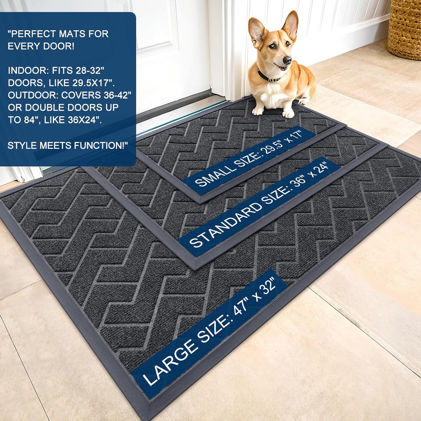 OLANLY Front Door Mat Indoor Outdoor Entrance, Waterproof All-Season, All-Weather Doormat, Sturdy Natural Rubber, Low Profile, Easy Clean Patio Porch Entryway Mat, Herringbone Brick (Grey, 59x23)