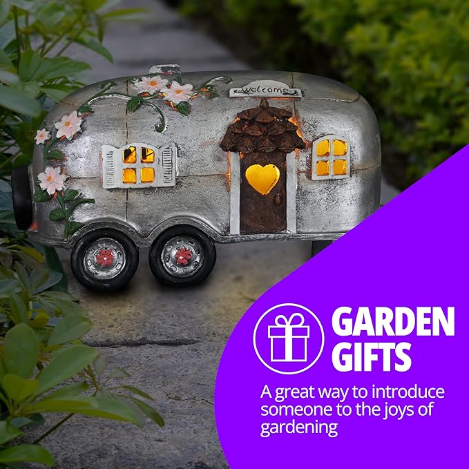 Exhart Garden Sculpture, Solar Vintage Camping Trailer Garden Statue, LED Lights, Outdoor Garden Decoration, 5 x 10 x 6 Inch