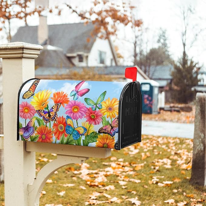 Summer Flower Mailbox Covers Magnetic Large Size 25.5 x 21 Inch Beautiful Fluttering Butterfly Mailbox Covers Colorful Floral Decorative Mailboxes Wraps Post Letter Box Cover for Outside