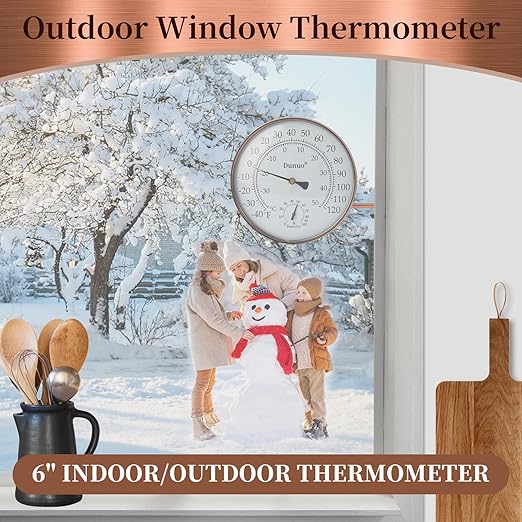 6" Outdoor Thermometer for Greenhouse, Garage and Patio. Weatherproof & Decorative Outside Temperature Gauge for Window, Antique Copper with Humidity (Easy-Read Brass Swivel Design)