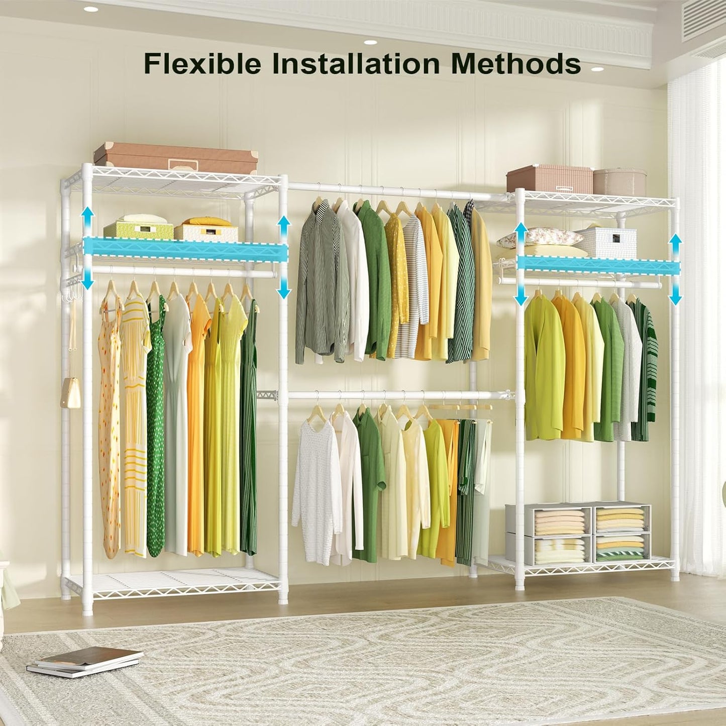 Ulif E1 Heavy Duty Closet Garment Rack, 6 Tiers Adjustable Metal Freestanding Expandable Clothing Storage with 4 Hanger Rods, Easy to Assemble Wardrobe, 71.4" H x (70" - 88.2") L x 14" D, White