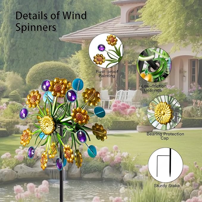 Wind Spinner, Metal Yellow florets and Purple Jewelry 44.25 inch Outdoor Metal Wind Spinners for Patio,Lawn,Garden,Creative Gifts for Women, Double Windmill with Stable Stake