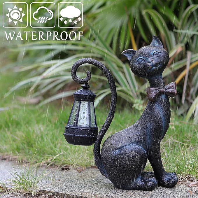 Whimsical Outdoor Cat Statues with Solar Garden Lantern:Cat Garden Statues for Outside Spring Decor Clearance,Outdoor Figurine for Yard Art Lawn Ornaments Patio Balcony Home House - Birthday Gifts