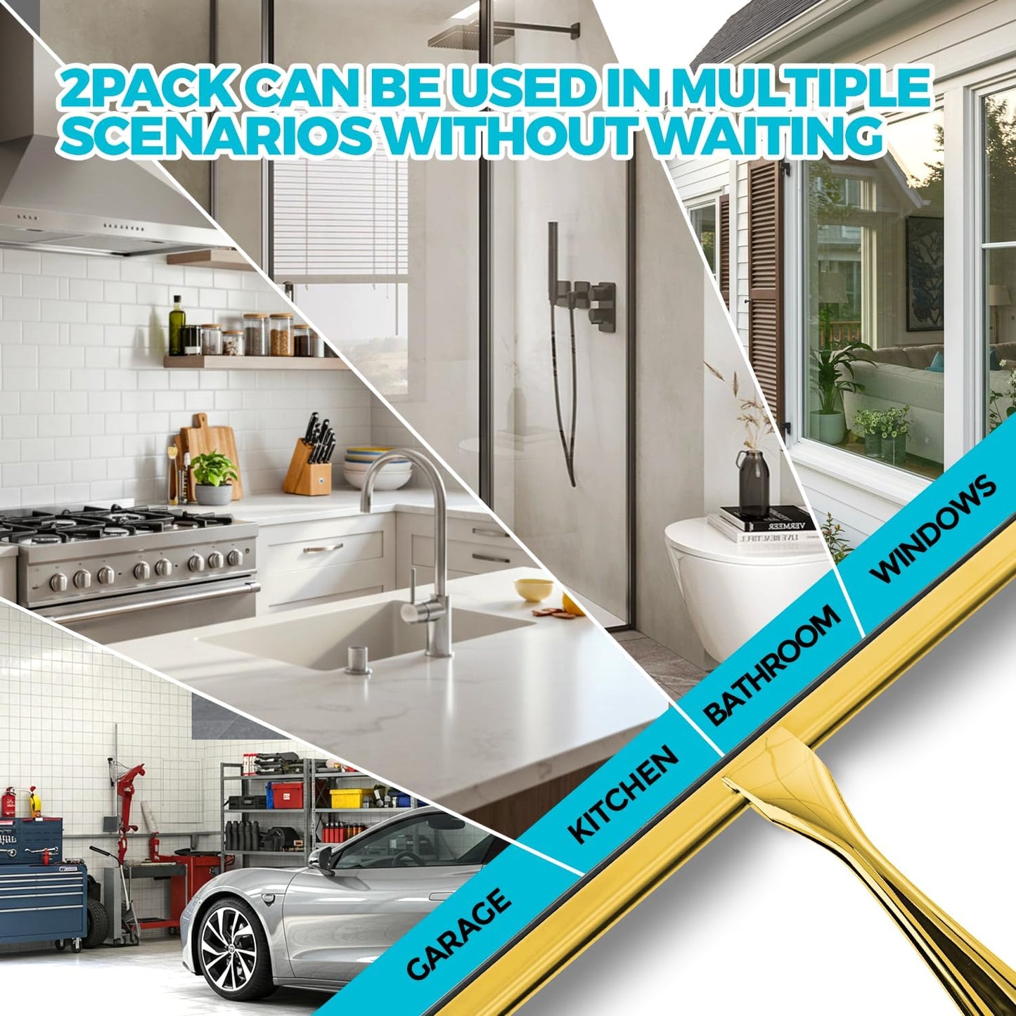 2PACK 12-Inch Golden All-Purpose Shower Squeegee for Shower Doors, Bath Linen Sets, Tile Shower Walls, Bathroom, Window, Glass and Car Windshield, Mirrors and Kitchen-Stainless Steel