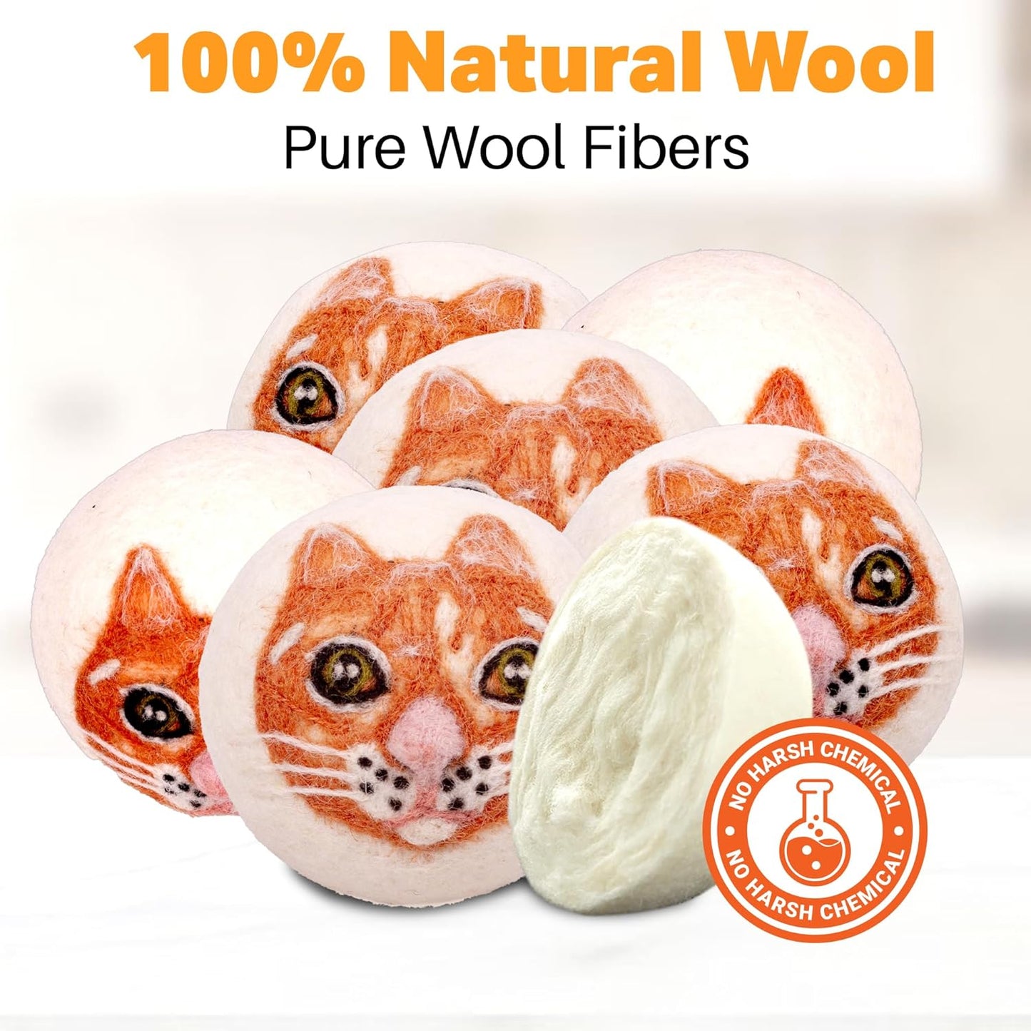 Wool Dryer Balls Organic Felt 6 Pack Laundry Fabric Softener, Extra Large Reusable Handmade Natural Sheep Wool Lint Wrinkle Free Anti Static Baby Safe (Orange Cat)