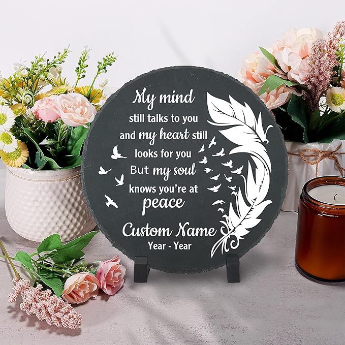 Slate Memorial Garden Stone Personalized, Stepping Stones Memorial Gifts for Loss of Loved One, in Loving Memory, Sympathy Stone, Memorial Plaque, My Mind Still Talks to You TNP42 (2, Round)