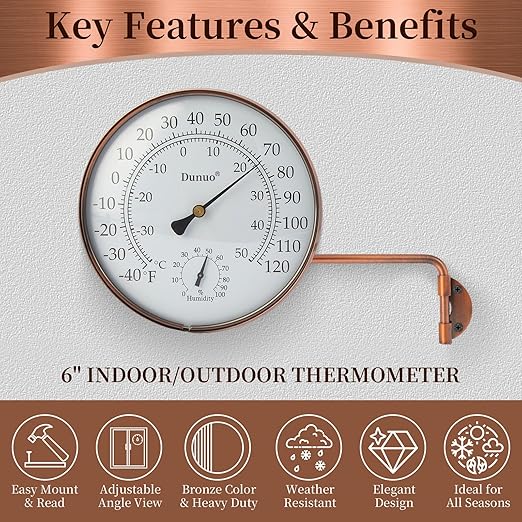 6" Outdoor Thermometer for Greenhouse, Garage and Patio. Weatherproof & Decorative Outside Temperature Gauge for Window, Antique Copper with Humidity (Easy-Read Brass Swivel Design)