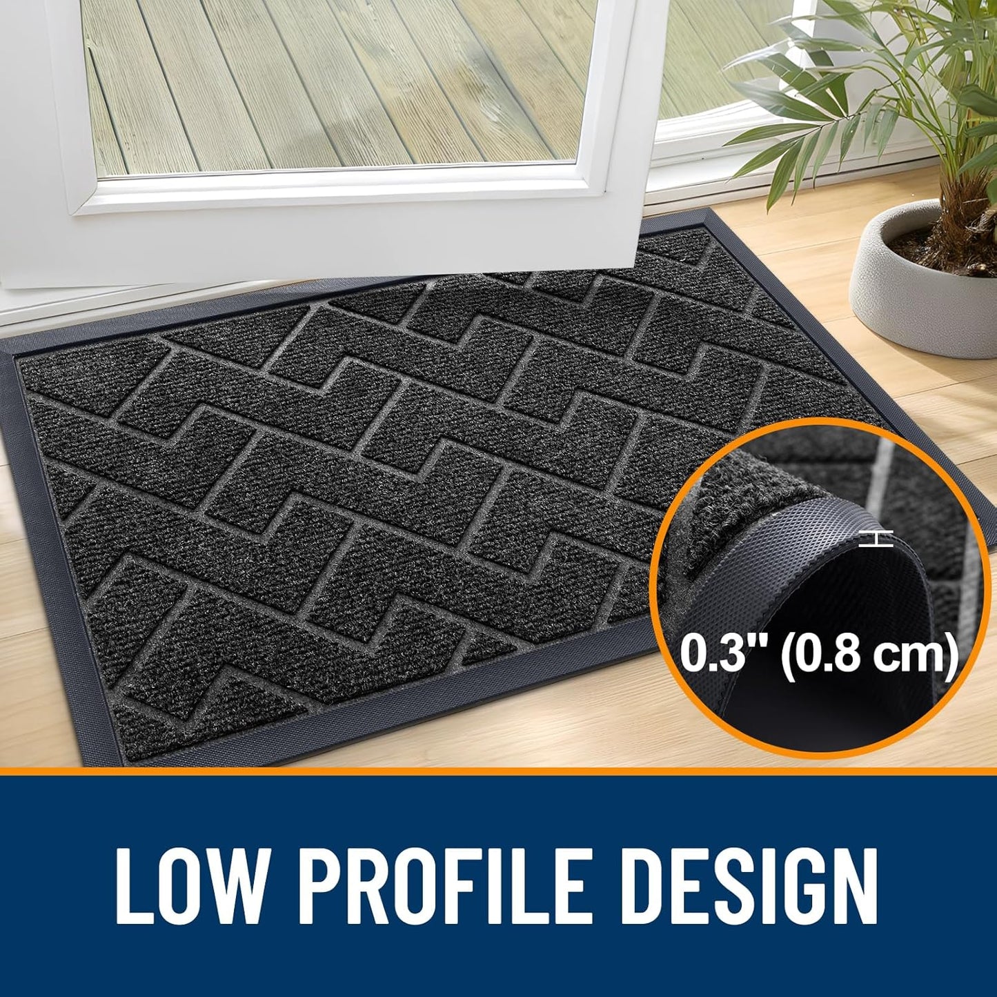 OLANLY Front Door Mat Indoor Outdoor Entrance, Waterproof All-Season, All-Weather Doormat, Sturdy Natural Rubber, Low Profile, Easy Clean Patio Porch Entryway Mat, Herringbone Brick (Black, 59x35)