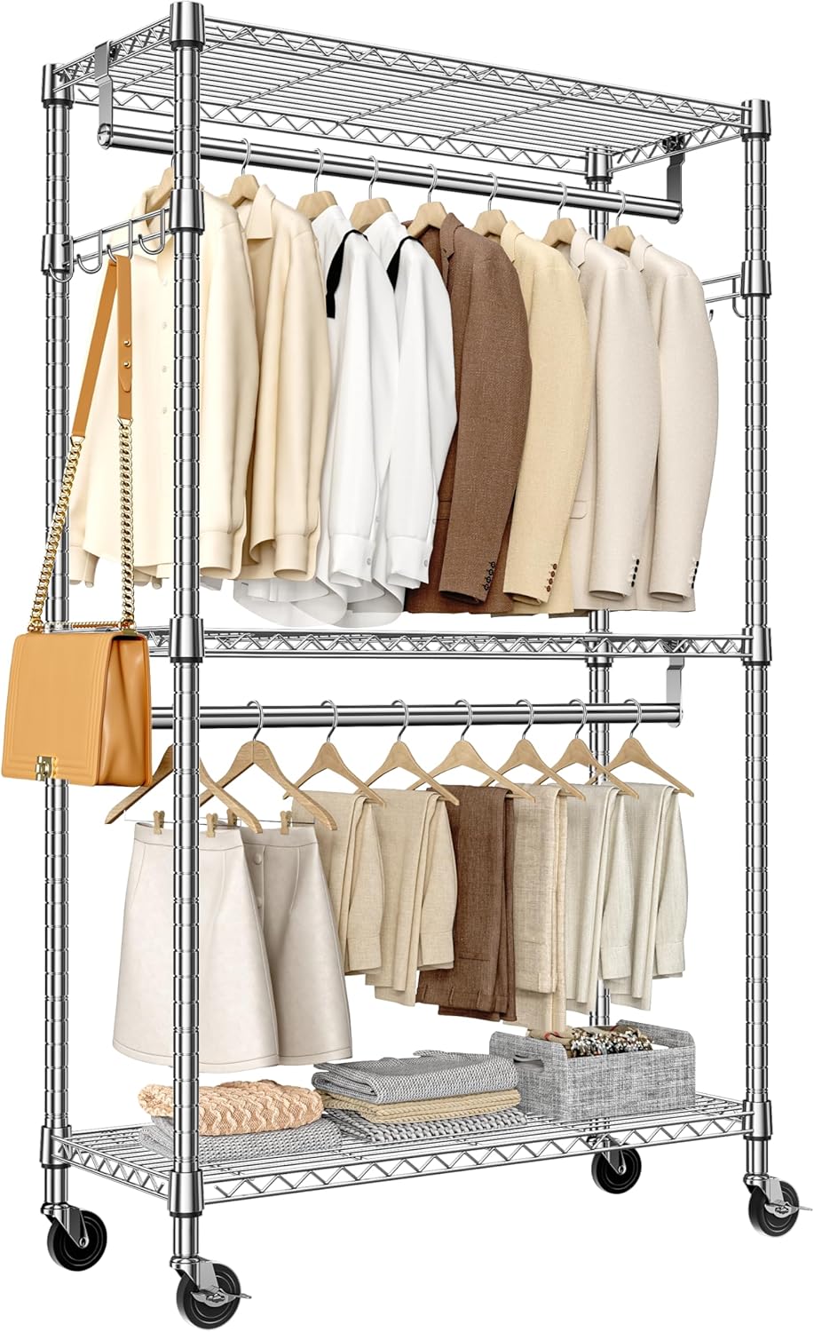 Heavy Duty Rolling Garment Rack 3 Tiers Adjustable Wire Shelving Clothes Rack with 2 Rods and Side Hooks,Storage Closet Clothing Rack with Wheels Chrome 15.7" D x 29.5" W x 74.5" H