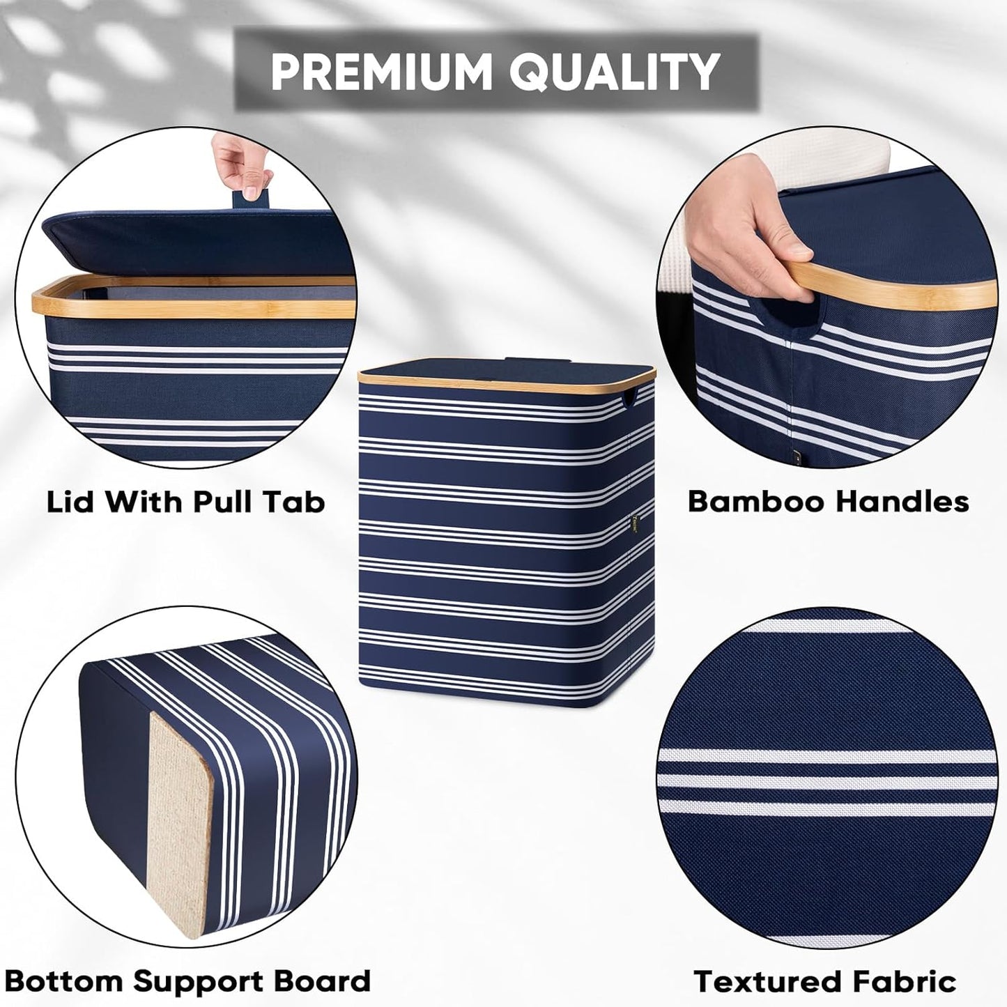 BALEINE Laundry Hamper with Lid, Tall Laundry Baskets with Bamboo Pull Handles, Large Laundry Bin with Internal Support (36 Gal/140L, Blue Pinstripe)