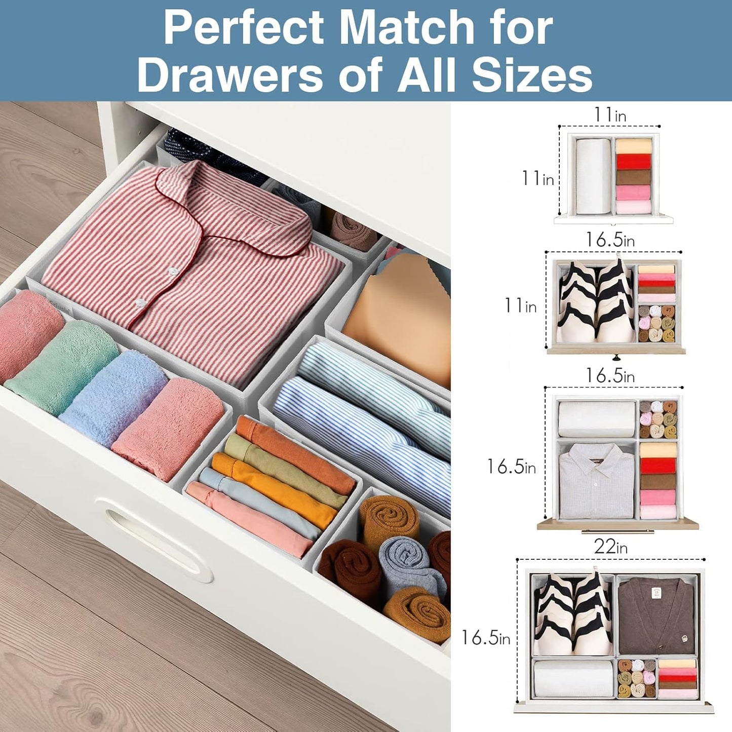 Criusia Drawer Organizer Clothes, 8 Pack Underwear Drawer Organizer, Foldable Closet Organizers and Storage Dresser Drawer Dividers for Clothes, Socks, Scarves, Ties (White)