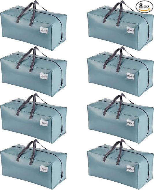 VENO 8 Pack Moving Bags w/Backpack Straps, Heavy Duty, Moving Boxes Alternative, Packing Supplies, Large Storage Totes for Dorm Room Essentials with Zipper for Clothes (Shiny Light Blue, 8 Pack)