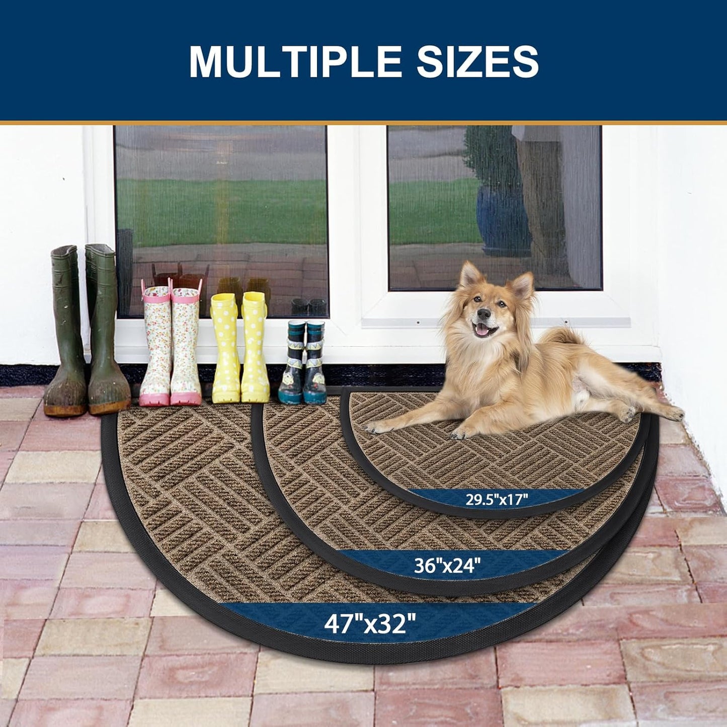 Smiry Half Circle Front Door Mat Outside Entrance, Heavy Duty Outdoor Indoor Natural Rubber Doormat, Non Slip, Trap Dirt and Moisture, Easy Clean, Low Profile Patio Porch Entryway Mat, 29.5x17, Brown