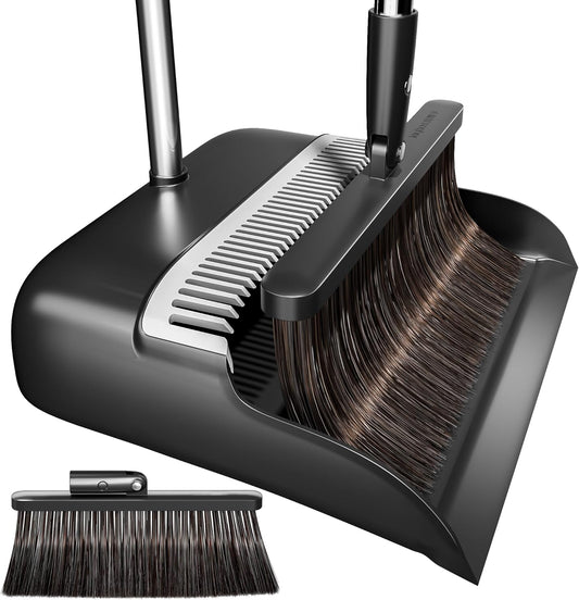 Broom and Dustpan Set for Home, Extra Brush Head & 51.6" Adjustable Long Handle, with Comb Teeth for Pet Hair, Lightweight Indoor Sweeping Kit for Hardwood Floor