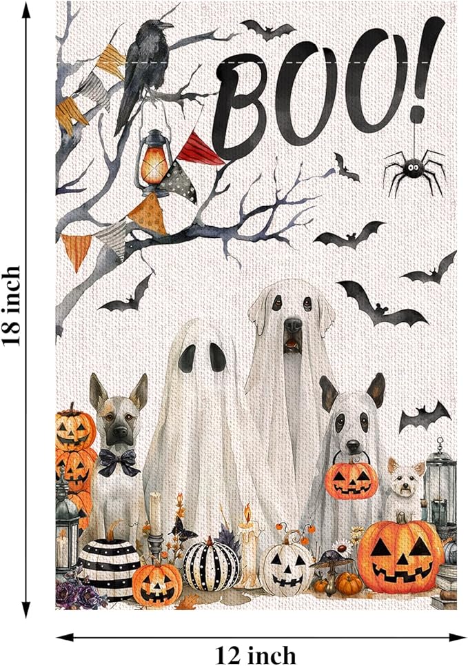Halloween Boo Garden Flag 12x18 Inche Double Sided, Scary Spooky Dog Ghost Bat Pumpkins Autumn Burlap Garden Flags for Halloween Themed Party Farmhouse Holiday Seasonal Decor