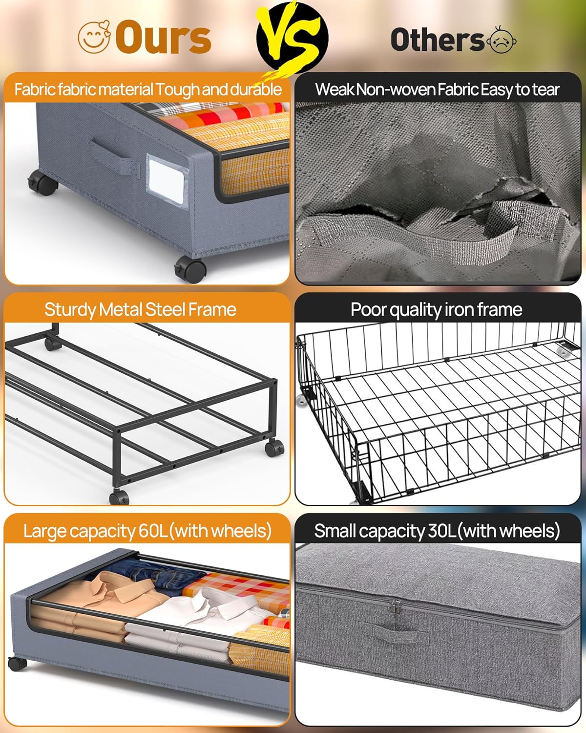 Under Bed Storage With Wheels, 2 Pack Square Containers, 60L Bins, Rolling Metal Drawer for Clothes, Blankets, Shoes