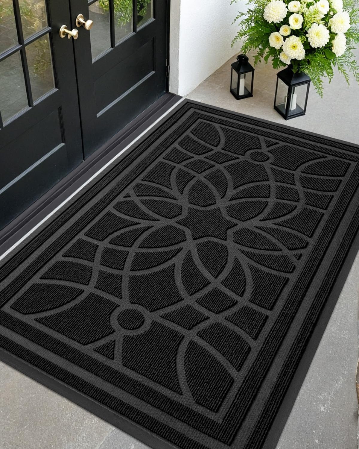 DEXI Front Door Mat Outside Entrance, Heavy Duty Non Slip Low Profile Doormat for Entryway, Trap Dirt and Moisture Welcome Mats, Easy Clean, Patio, Garage, 6x4, Black