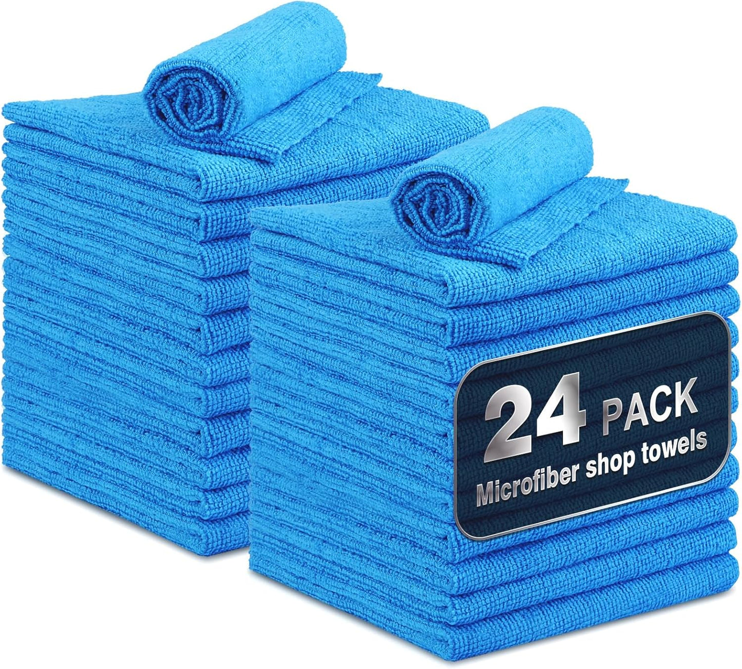 Shop Towels, 24 Pack Commercial Grade Shops Rags Microfiber Towel for Cars Cleaning Rags Bulk Clean Cloth for Automotive Bar Mechanic Restaurant Garage Housekeeping, 11.5"x 11.5", Blue