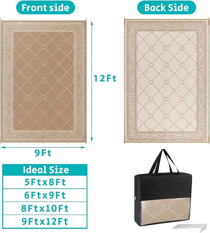 HEBE Outdoor Rug Waterproof 9x12, Reversible Plastic Straw Rug RV Camping Rug, Indoor Outdoor Patio Mat Clearance, Outside Carpet for Porch,Deck,Camper,Balcony,Backyard,Picnic