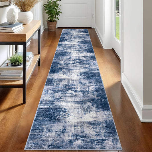 IOHOUZE Abstract Runner Rug 2x12 Ft Washable Runners for Hallways, Non Slip Kitchen Runner Printed Faux Wool Entryway Runner Indoor, Modern Abstract Floor Carpet for Hall Kitchen, Navy/Grey