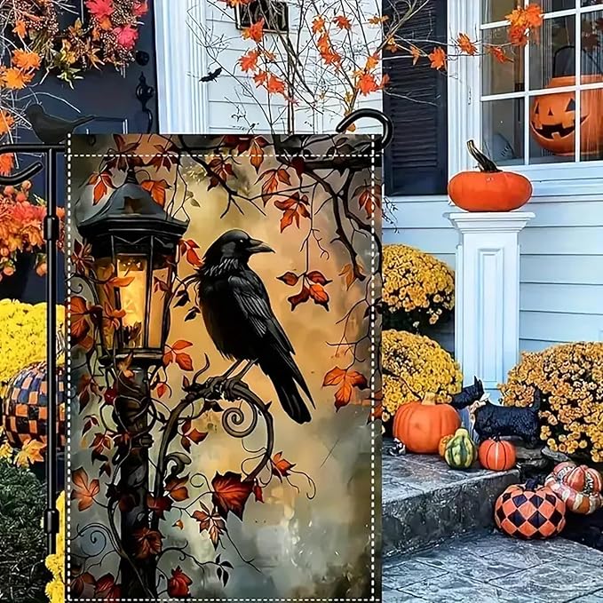 Halloween Garden Flag for Outside 12x18 Inch Double Sided, Crow Small Yard Flags for Outside, Halloween Outdoor Flag Front Porch Decorations for Home