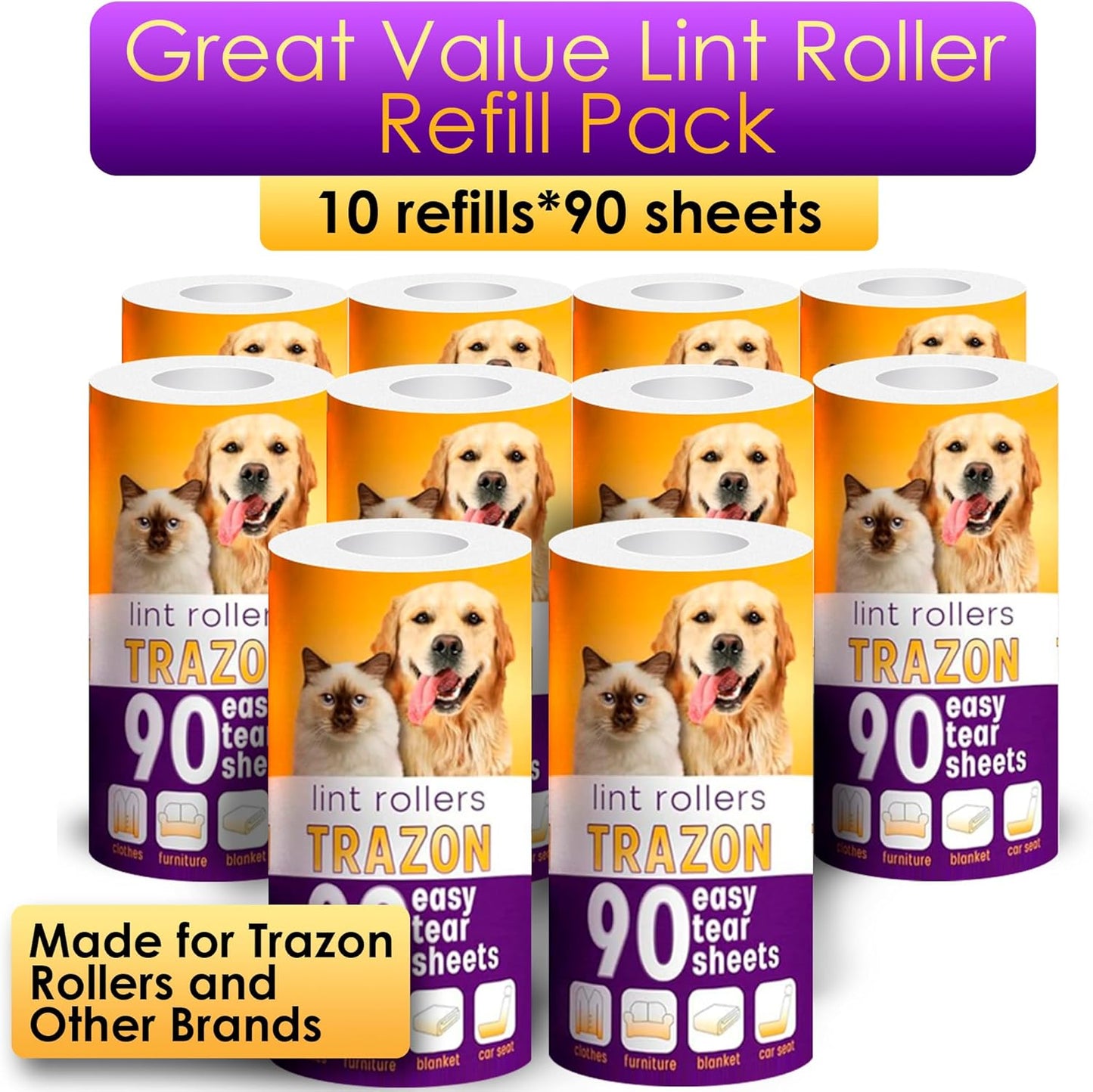 Lint Roller Refills 10 Pack of 900 Sheets / 10 Refills Rollers Only, Extra Sticky Roller for Pet Hair, Lint Remover Dog Hair Cat, Fuzz, Animal Fur, Stick Lint Removal Roller Clothes