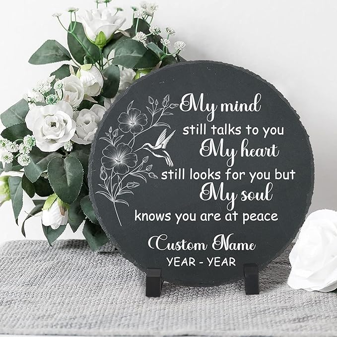 Slate Memorial Garden Stone Personalized, Hummingbird Stepping Stones Memorial Gifts for Loss of Loved One, Sympathy Stone, Memorial Plaque, My Mind Still Talks to You TNP42 (1, Round)