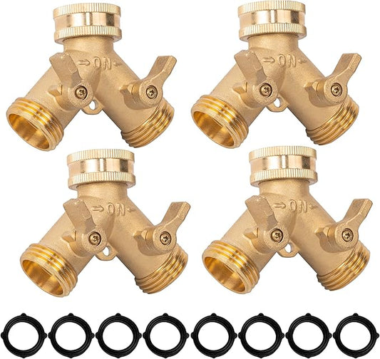 Xiny Tool Brass Garden Hose Splitter (2 Way), Solid Brass Hose Y Splitter 2 Valves with 2 Extra Rubber Washers (4)