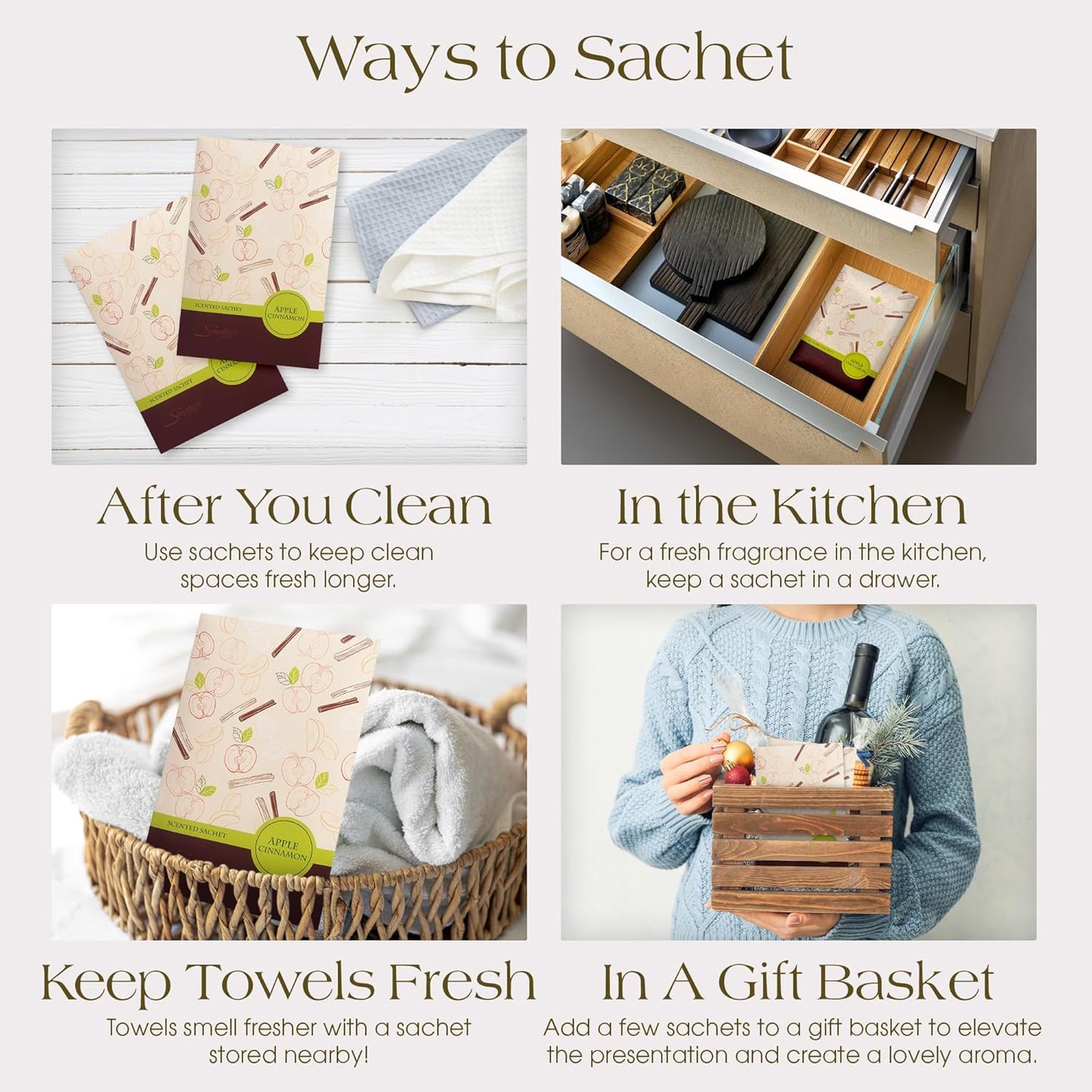 Simplicity Scents Apple Cinnamon Scented Sachets Pack of 3, Fall & Winter - Long-Lasting Scented Bags, Home Fragrance, Air Freshener & Deodorizer for Closet, Room, Drawer, or Cars, Made in USA