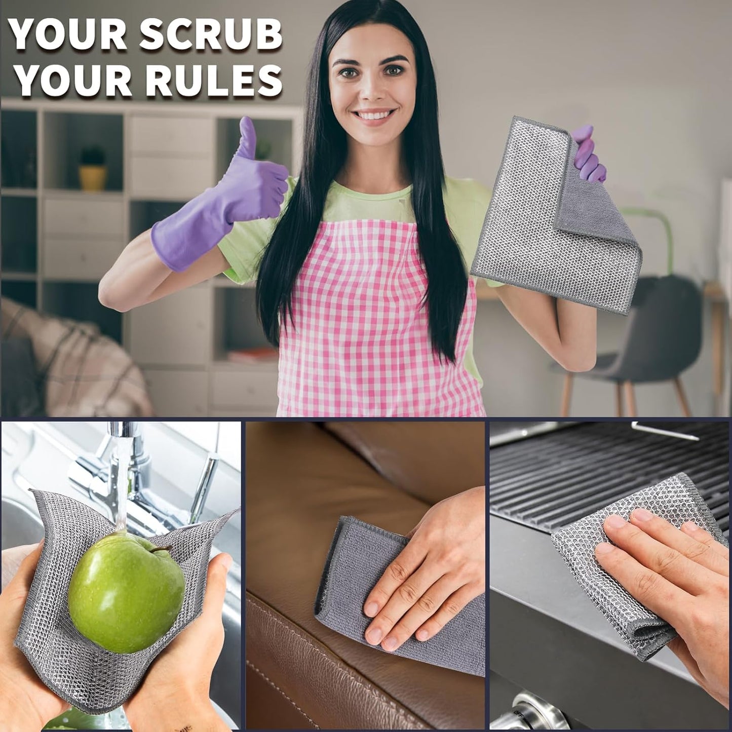 2 in 1 Stainless Steel Scrubber & Microfiber Cleaning Cloth, 5 Pack Towel & Steel Scrub Cloth for Pans, Dishes, Countertops, Reusable Non-Scratch Cleaning Pad for Kitchen Sink