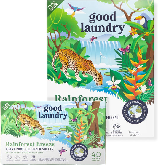 Good Laundry Rainforest Breeze Detergent Sheets, & Dryer Sheet Bundle - No Plastic Jugs, Eco-Friendly, Zero Harsh Chemicals, Hypoallergenic - Based in the USA