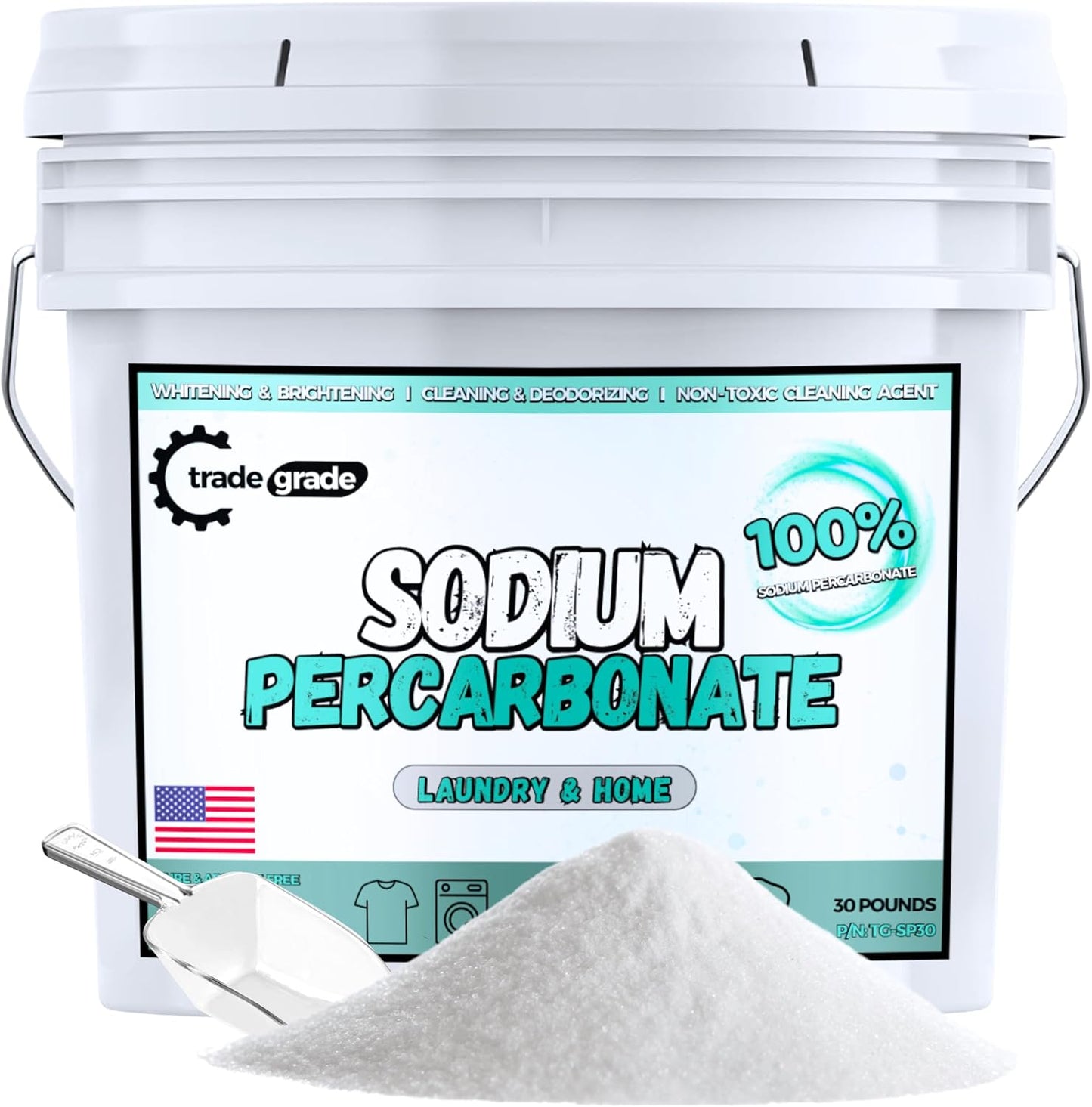 TradeGrade Sodium Percarbonate Powder – Eco-Friendly Non-Toxic Oxygen Bleach for Laundry, Home & Outdoor Cleaning – Biodegradable, Scent-Free, Multi-Purpose Cleaner in Resealable Bucket (30 Pounds)