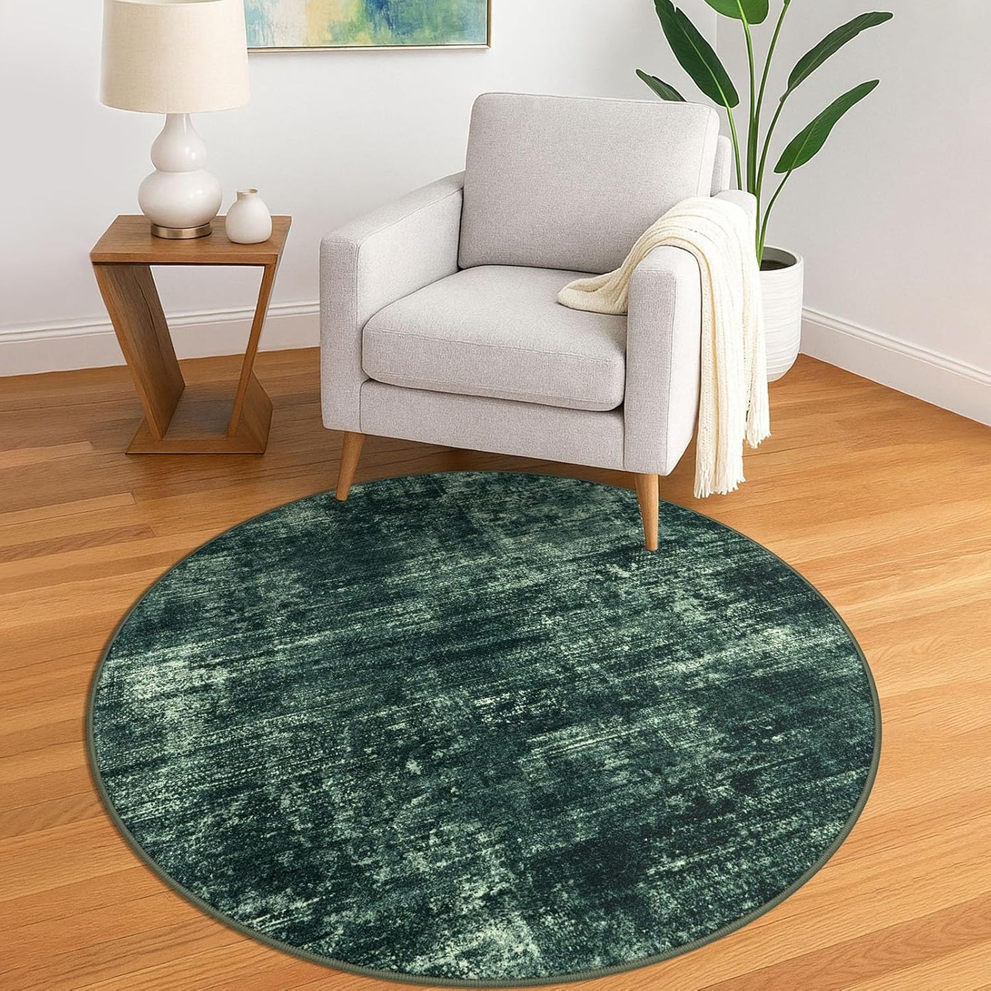 IOHOUZE Round Area Rug 5 Ft Circle Entryway Rugs Round Washable Door Mat Indoor Entrance, Non Slip Circle Front Door Rug, Printed Abstract Faux Wool Floor Carpet for Foyer Porch Sink, Dark Green