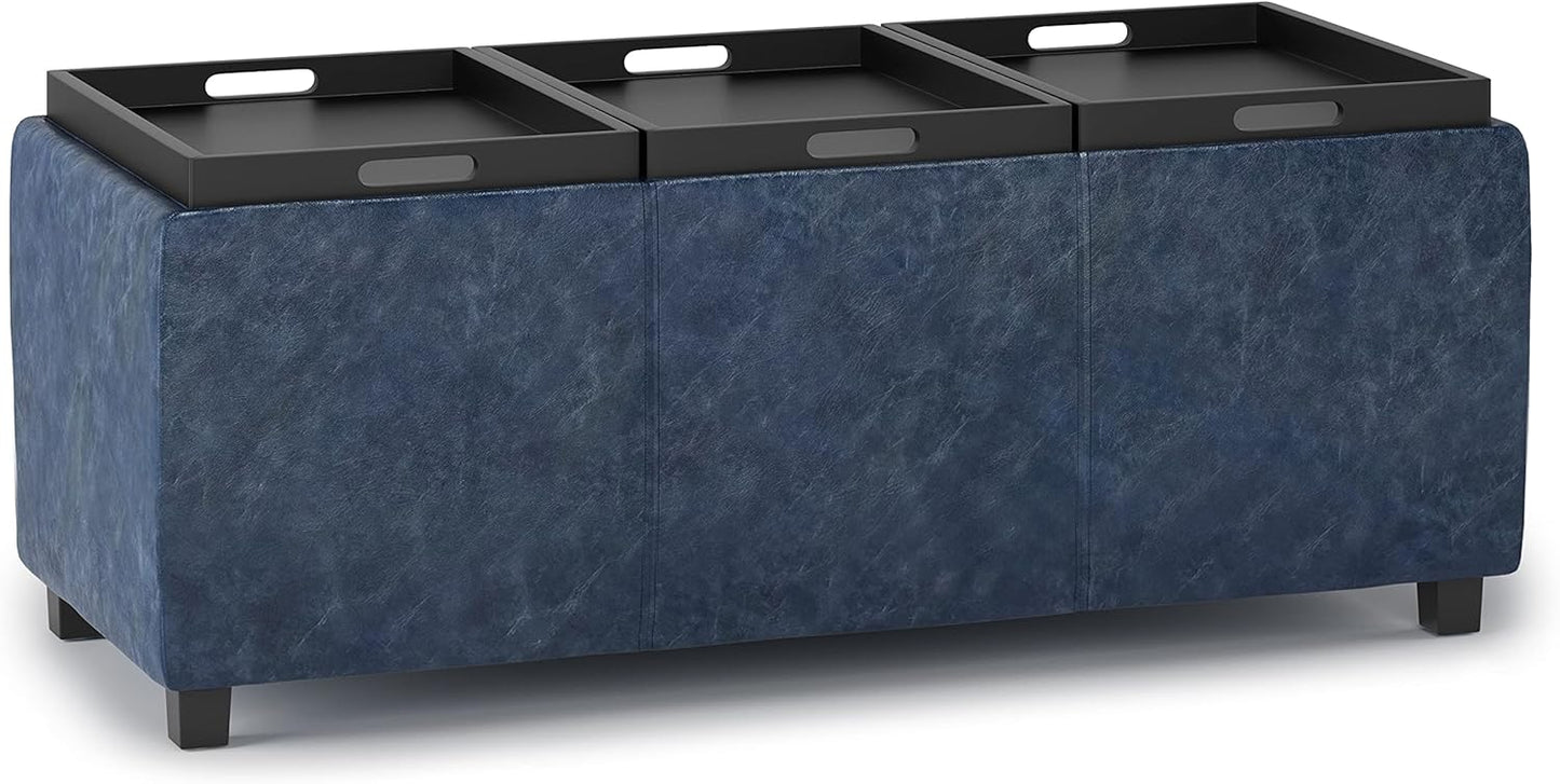 SIMPLIHOME Avalon 42 inch Wide Contemporary Rectangle Storage Ottoman in Denim Blue Vegan Faux Leather, Assembled, for the Living Room, Entryway and Family Room