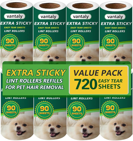 Extra Sticky Lint Roller Refills,Fits Most 3.9"-4" Standard Size Lint Roller with Inner Diameter at 1.5", 8 Pack with 720 Sheets Total, Pet Hair Remover for Clothes, Car, Furniture