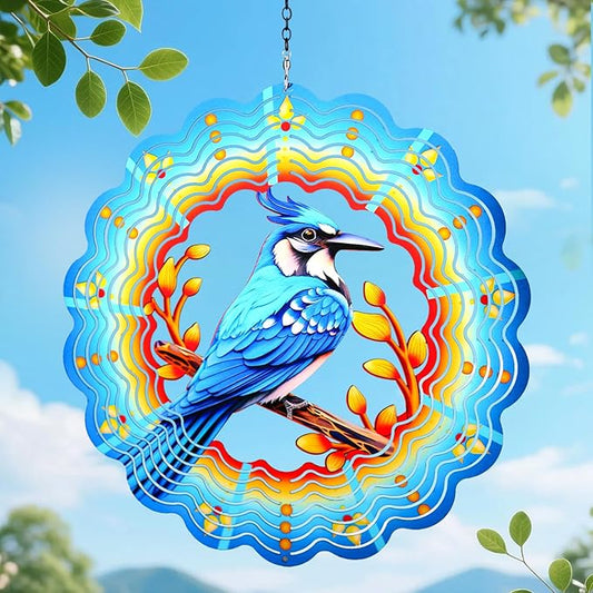 Blue Jay Wind Spinners Outdoor Blue Bird Decor - Birthday Gifts for Women Men,Bird Hanging Wind Spinner 12 inch 3D Wind Sculptures for Garden Patio,Yard, Porch, Deck Decorations