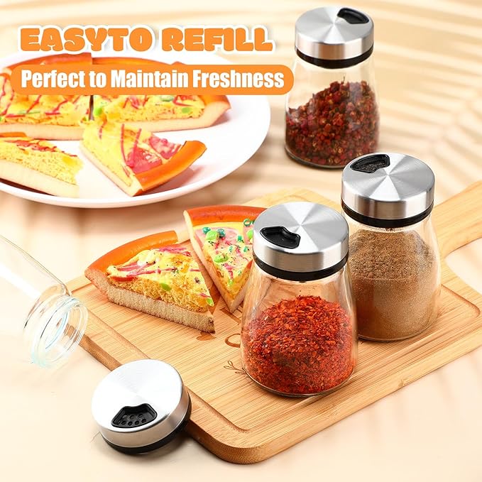 Zhehao 10 Pcs Salt Pepper Shakers Set with Adjustable Pour Holes Stainless Steel Spice Dispenser 6oz Clear Glass Seasoning Containers for Kitchen Restaurant Home BBQ Camping Farmhouse Accessories