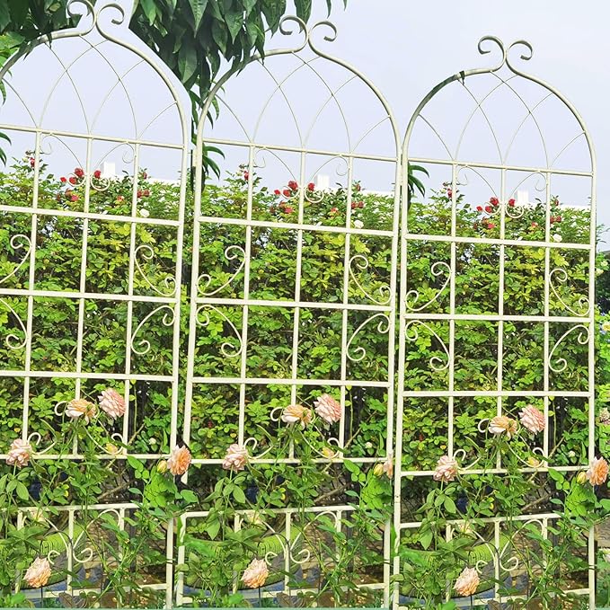 4 Pack Metal Garden Trellis for Climbing Plants Outdoor 86.7" H Cream White Garden Fence Rustproof Trellis Support Roses Flower Lawn, Off White