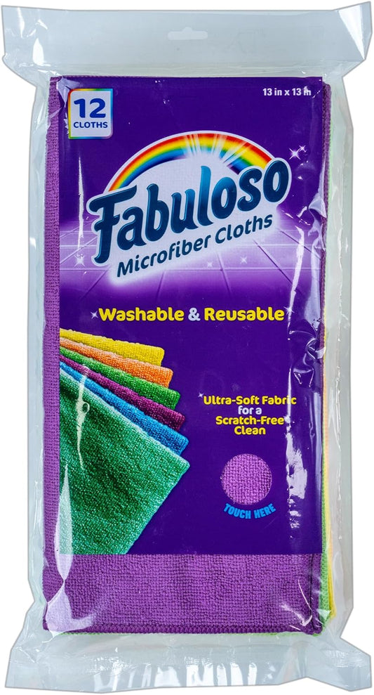 Fabuloso Microfiber Cleaning Cloths, Rainbow - Lint-Free, Scratch-Free Cleaning Cloths for Surfaces and Wood Furniture - Dustless Cloth for Bold and Bright Cleaning Experience, 12 Count