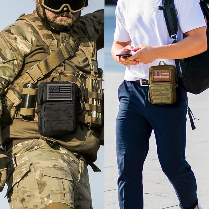 bvya Tactical Molle EDC Utility Pouch Compact Tool Pouch Mini Waist Bag Crossbody Backpack-Design Phone Pouch with Shoulder Strap Flag Patch and D-Rings