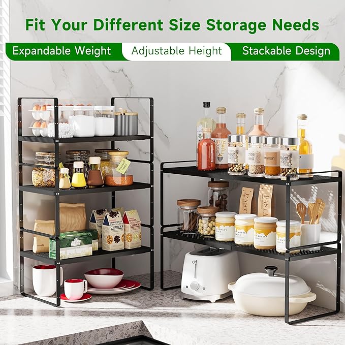 Expandable Kitchen Cabinet Shelf Organizer Rack Heavy Duty Metal Spice Rack Stackable Kitchen Counter Storage Shelf for Kitchen Cabinet Pantry Bathroom (Black - 16.5"-27" L x 8" W x 9.6" H - 2Pack)