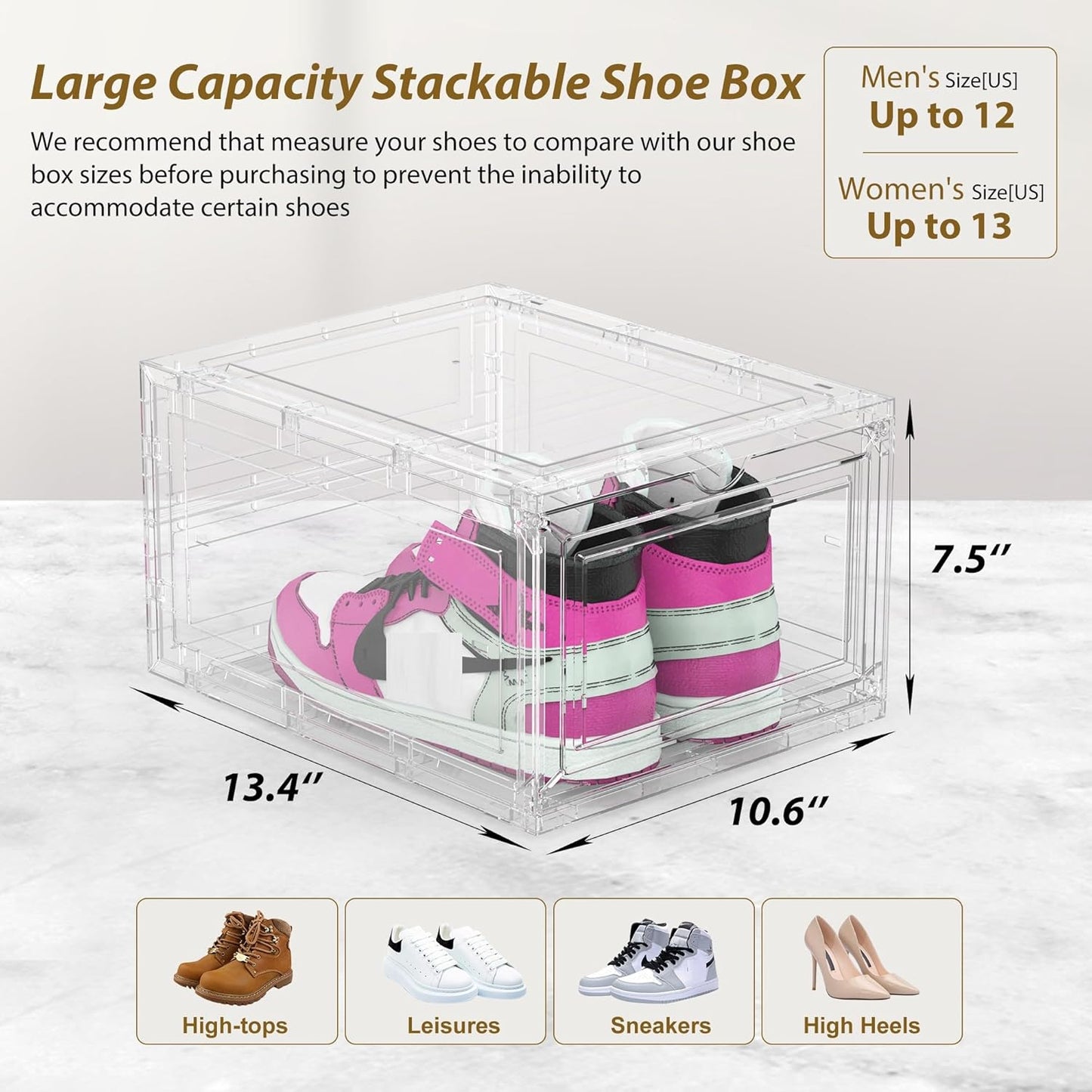 Mitees 10 Pack XX Large Thicken Sturdy Hard Plastic Clear Stackable Shoe Storage Boxes for Size 12, Sneaker Shoe Rack Containers Holders Bins Display Case Organizer for Closet, White